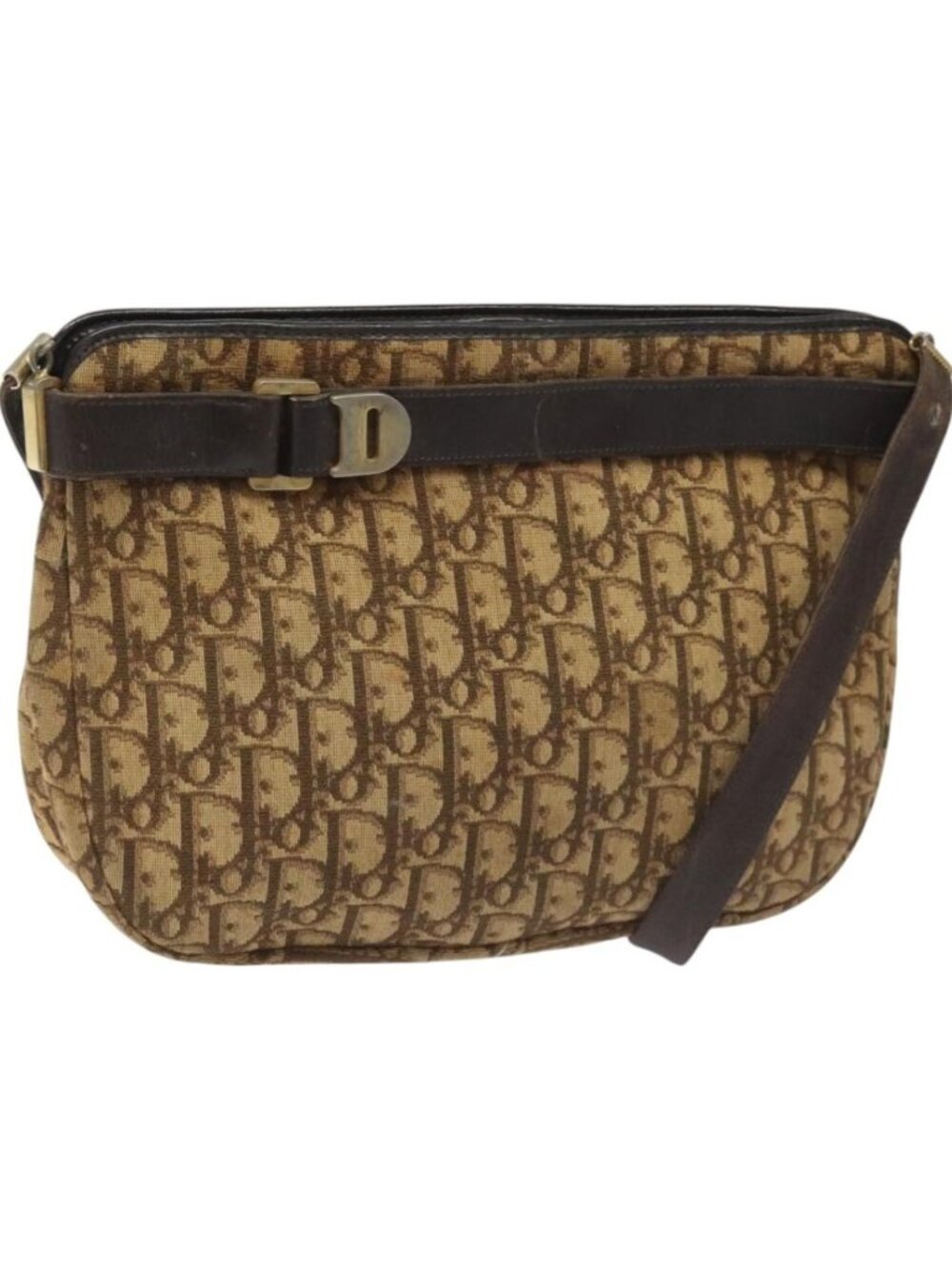 Christian Dior Trotter Canvas Shoulder Bag Brown Gold